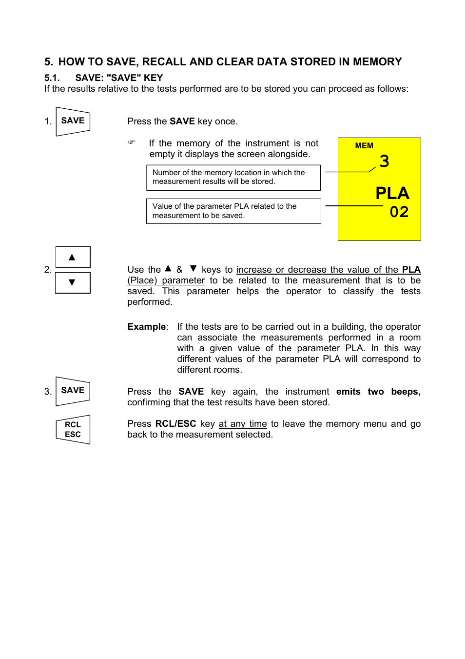 Save: "save" key, Pla 02 | Amprobe Multitest-1000 Continuity-Tester User Manual | Page 43 / 122