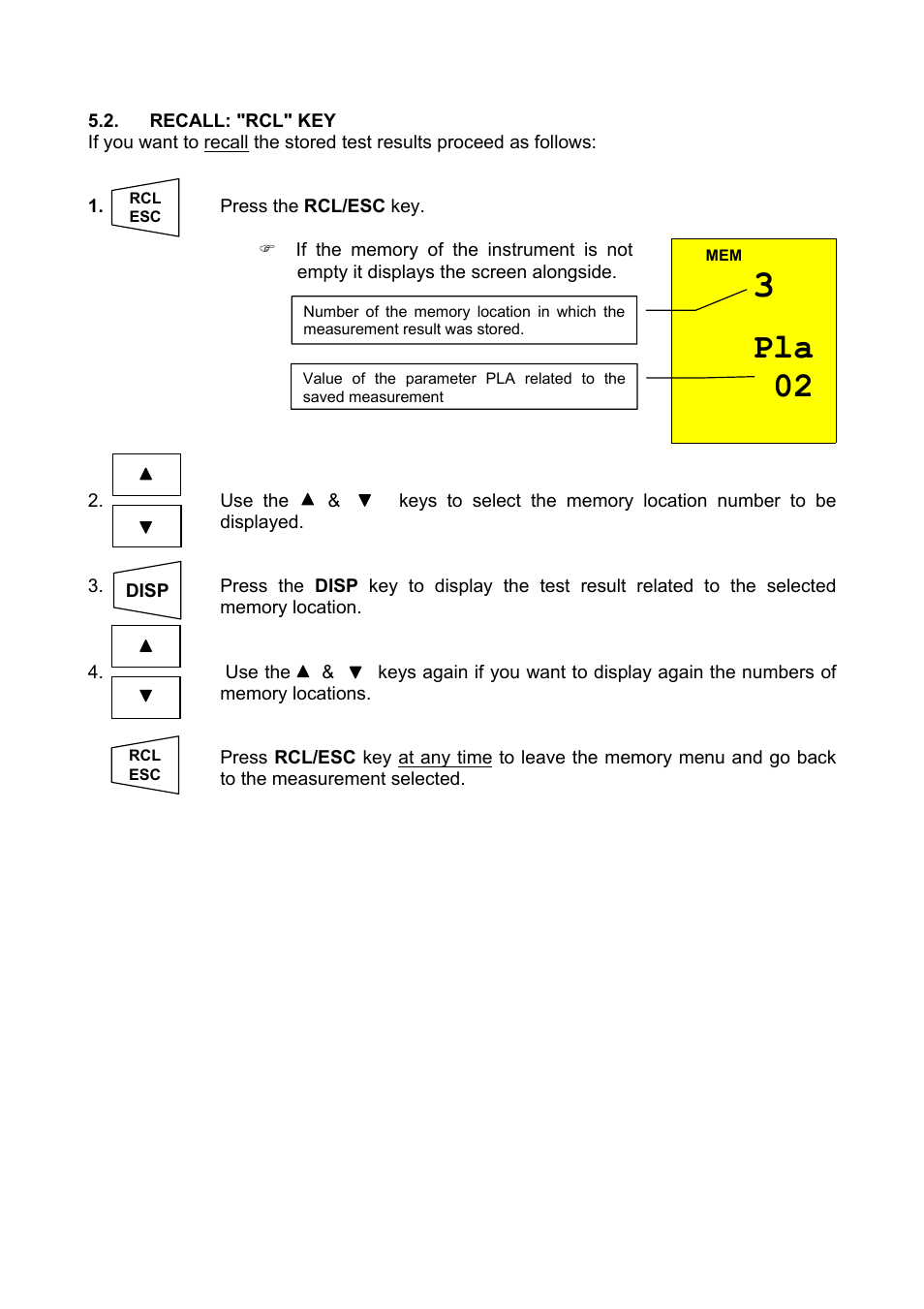 Recall: "rcl" key, Pla 02 | Amprobe Multitest-1000 Continuity-Tester User Manual | Page 44 / 122