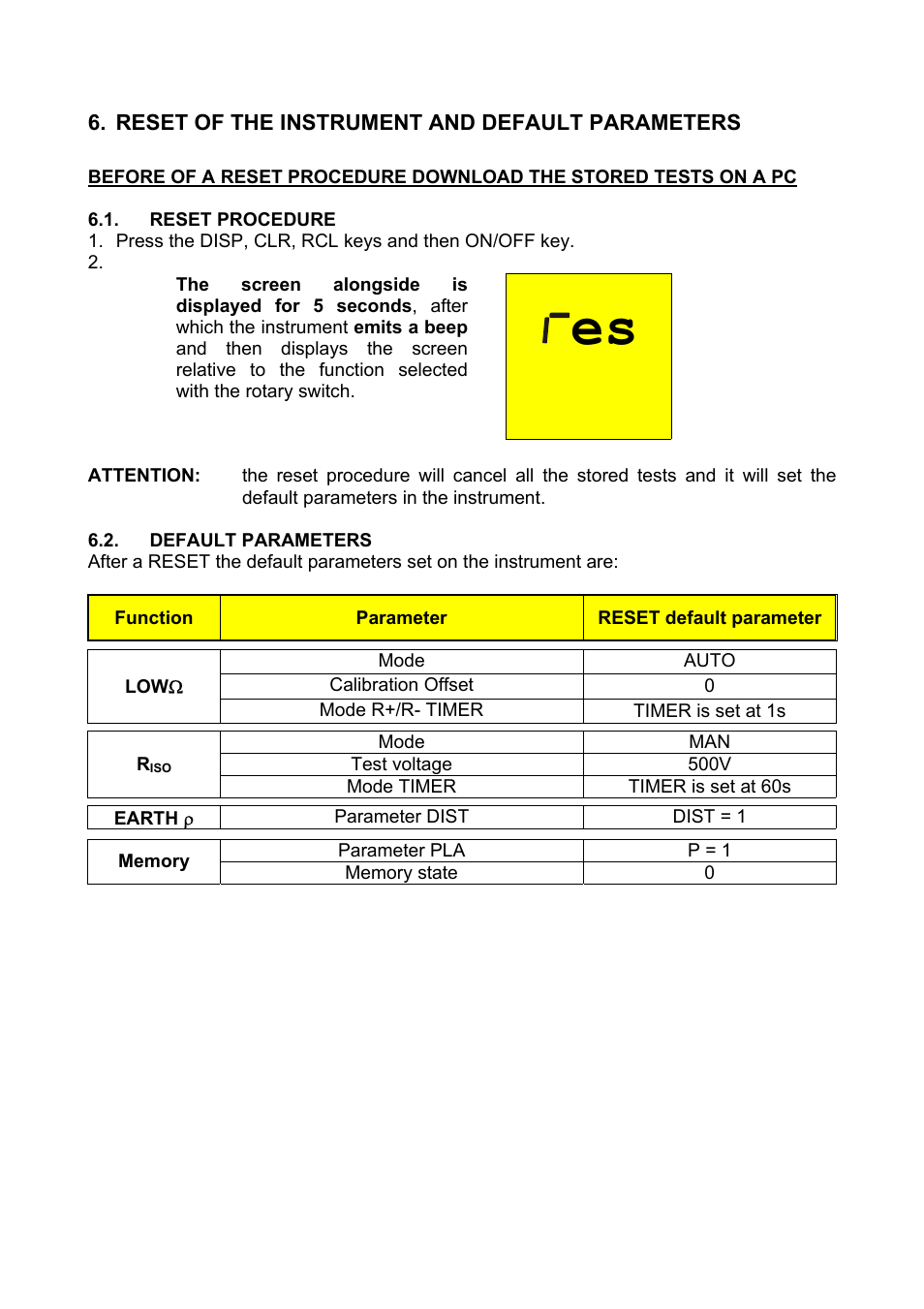 Reset of the instrument and default parameters, Reset procedure, Default parameters | Amprobe Multitest-1000 Continuity-Tester User Manual | Page 47 / 122