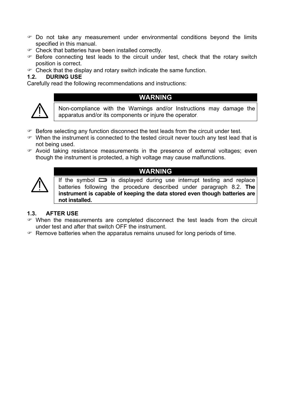 During use, After use, Warning | Amprobe Multitest-1000 Continuity-Tester User Manual | Page 5 / 122