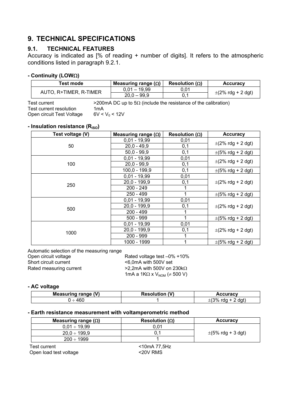 Technical specifications, Technical features, Continuity (low() | Insulation resistance (riso), Ac voltage | Amprobe Multitest-1000 Continuity-Tester User Manual | Page 50 / 122