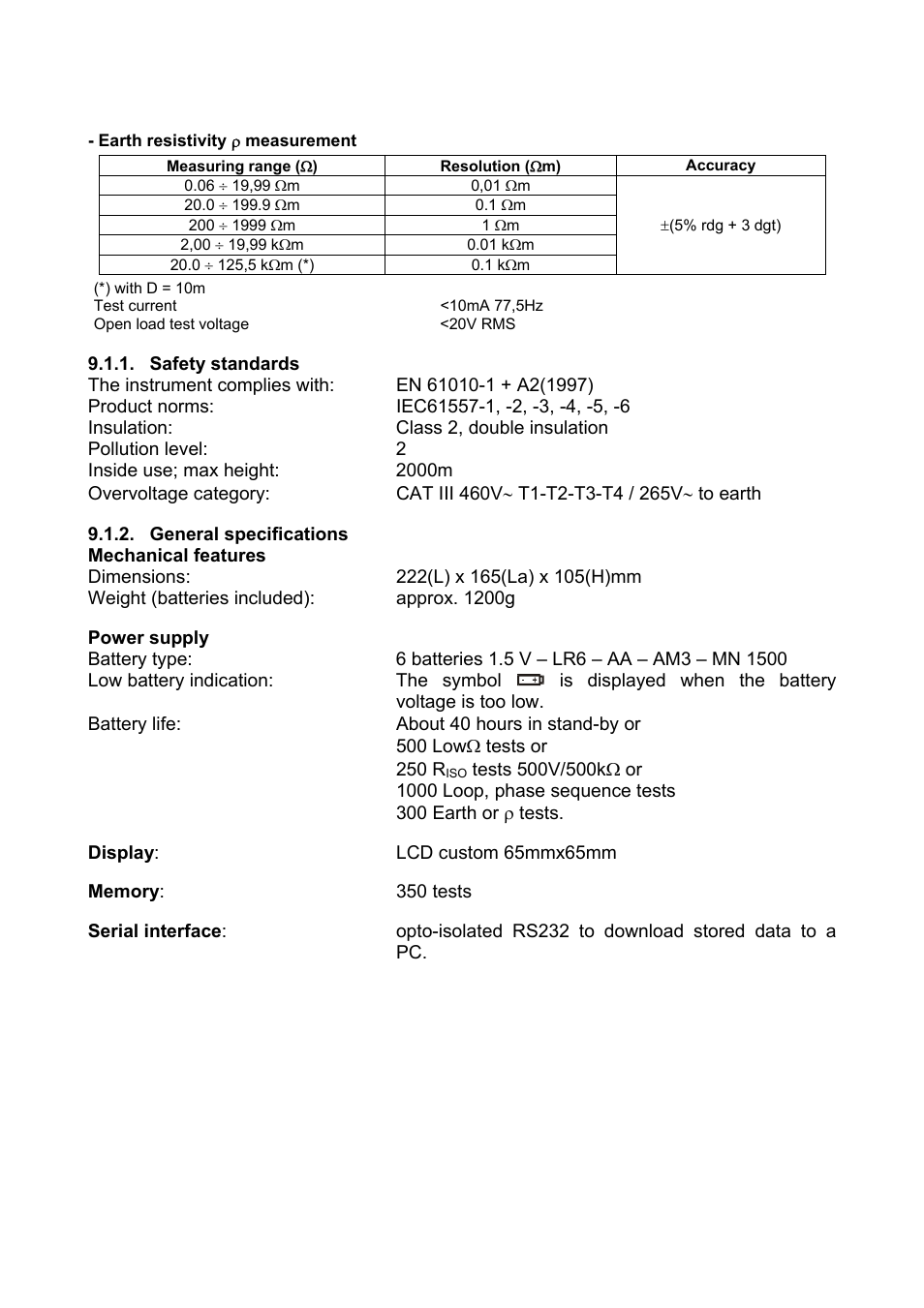 Earth resistivity ( measurement, Safety standards, General specifications | Afety standards, Eneral specifications | Amprobe Multitest-1000 Continuity-Tester User Manual | Page 52 / 122