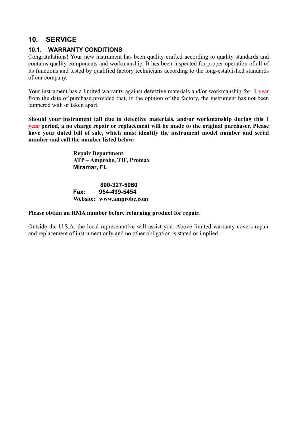 Service, Warranty conditions, Phone:954-499-5400 | Paragraph 10 | Amprobe Multitest-1000 Continuity-Tester User Manual | Page 54 / 122