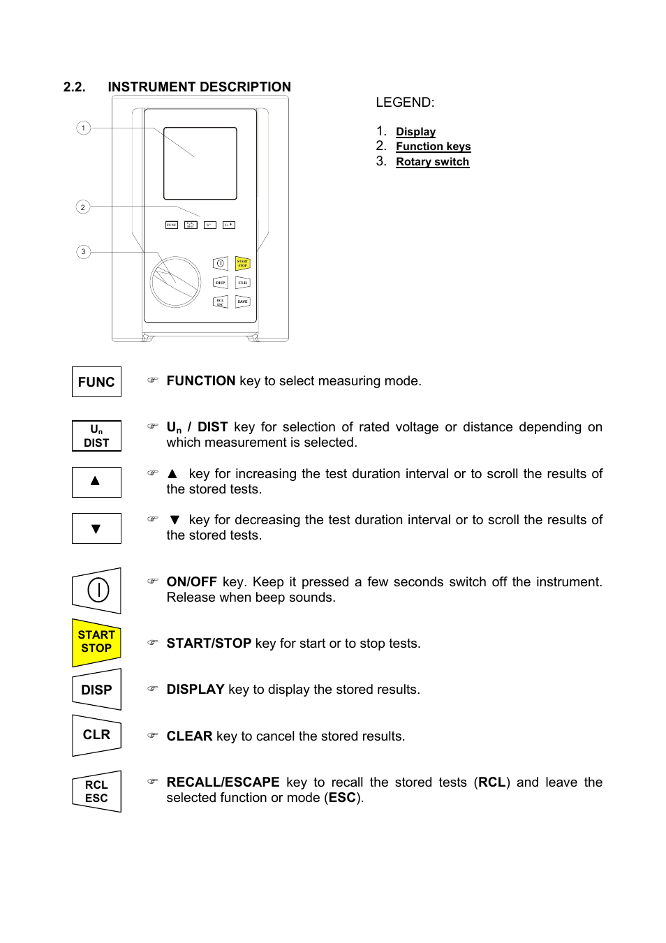 Instrument description, Legend, Func ) function key to select measuring mode. ) u | Amprobe Multitest-1000 Continuity-Tester User Manual | Page 7 / 122