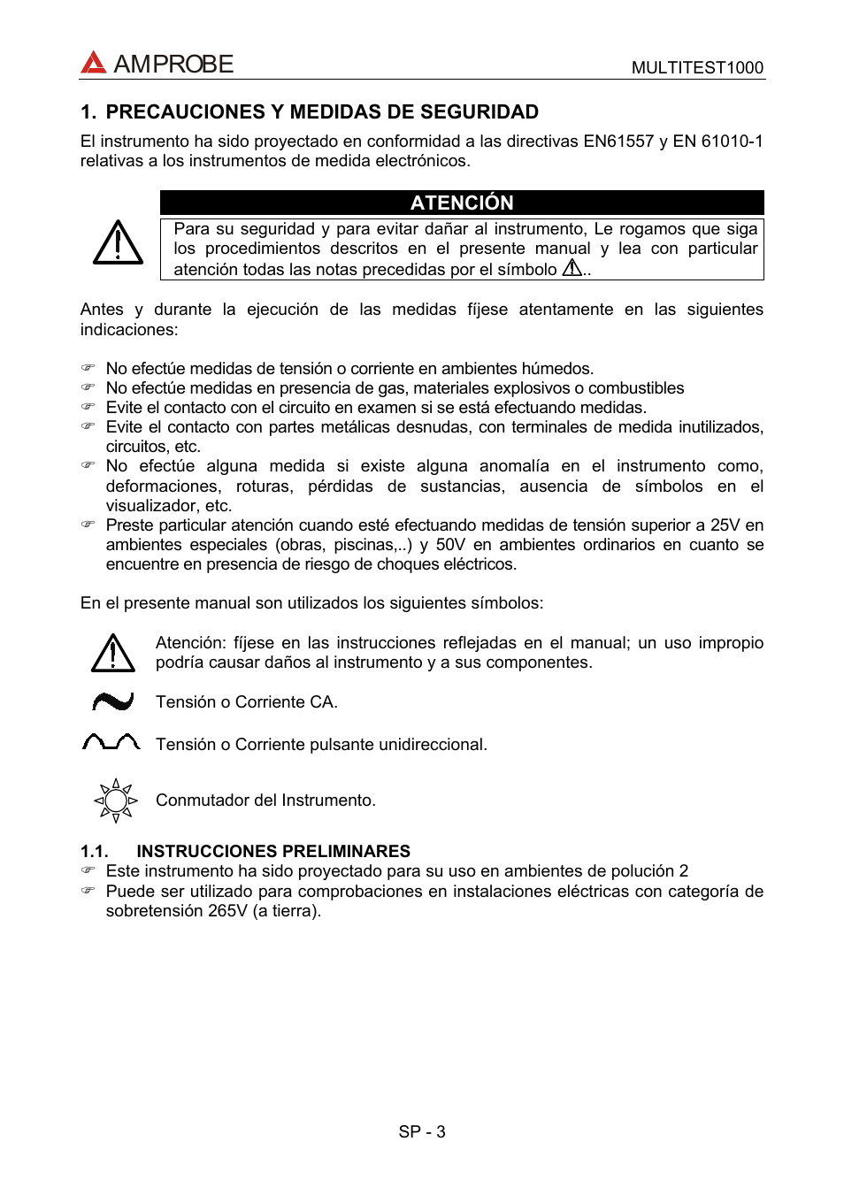 Precauciones y medidas de seguridad, Instrucciones preliminares, Amprobe | Amprobe Multitest-1000 Continuity-Tester User Manual | Page 70 / 122