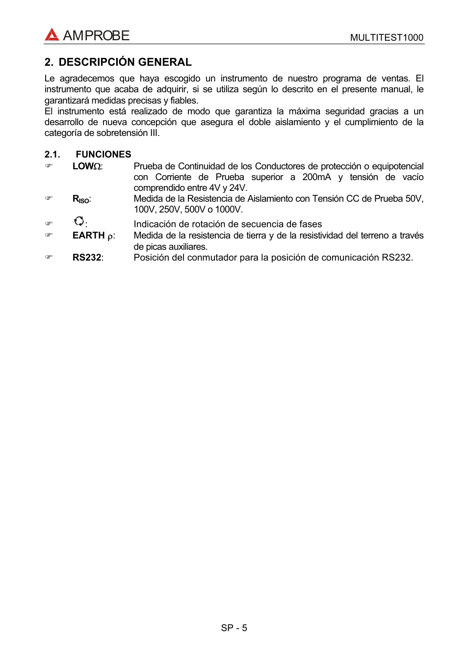 Descripción general, Funciones, Amprobe | Amprobe Multitest-1000 Continuity-Tester User Manual | Page 72 / 122