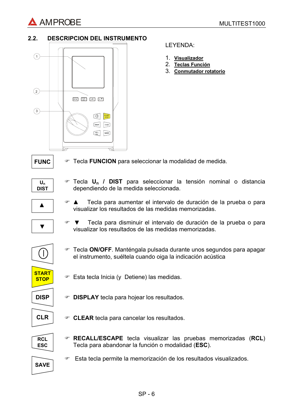 Descripcion del instrumento, Amprobe, Leyenda: 1 | Disp, Save | Amprobe Multitest-1000 Continuity-Tester User Manual | Page 73 / 122