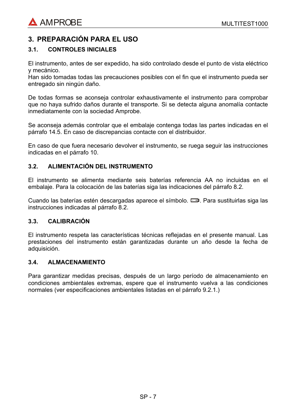 Preparación para el uso, Controles iniciales, Alimentación del instrumento | Calibración, Almacenamiento, Amprobe | Amprobe Multitest-1000 Continuity-Tester User Manual | Page 74 / 122