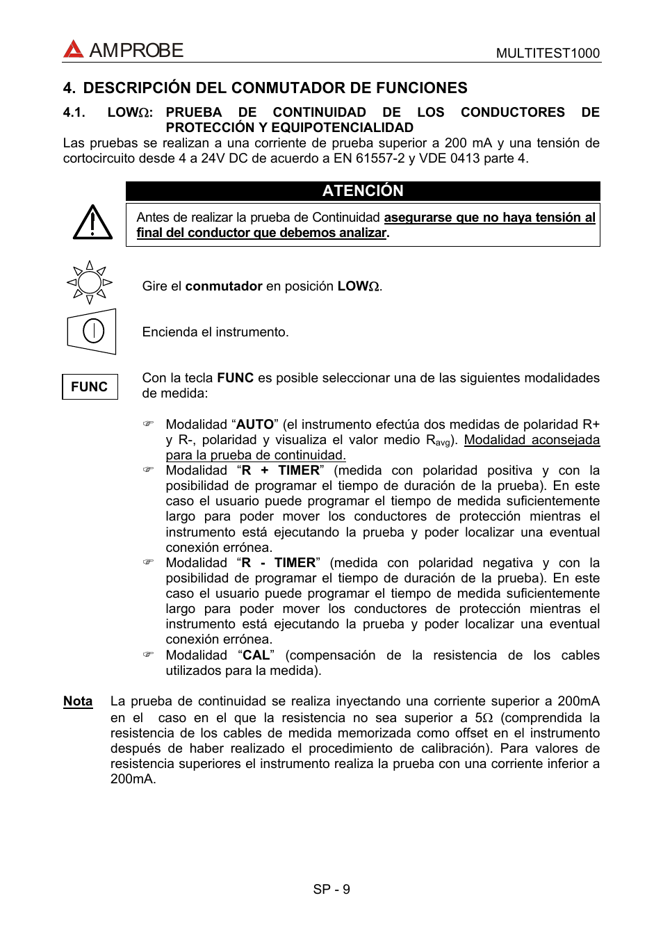 Descripción del conmutador de funciones, Low\(:prueba de continuidad de los conductores d, Amprobe | Amprobe Multitest-1000 Continuity-Tester User Manual | Page 76 / 122