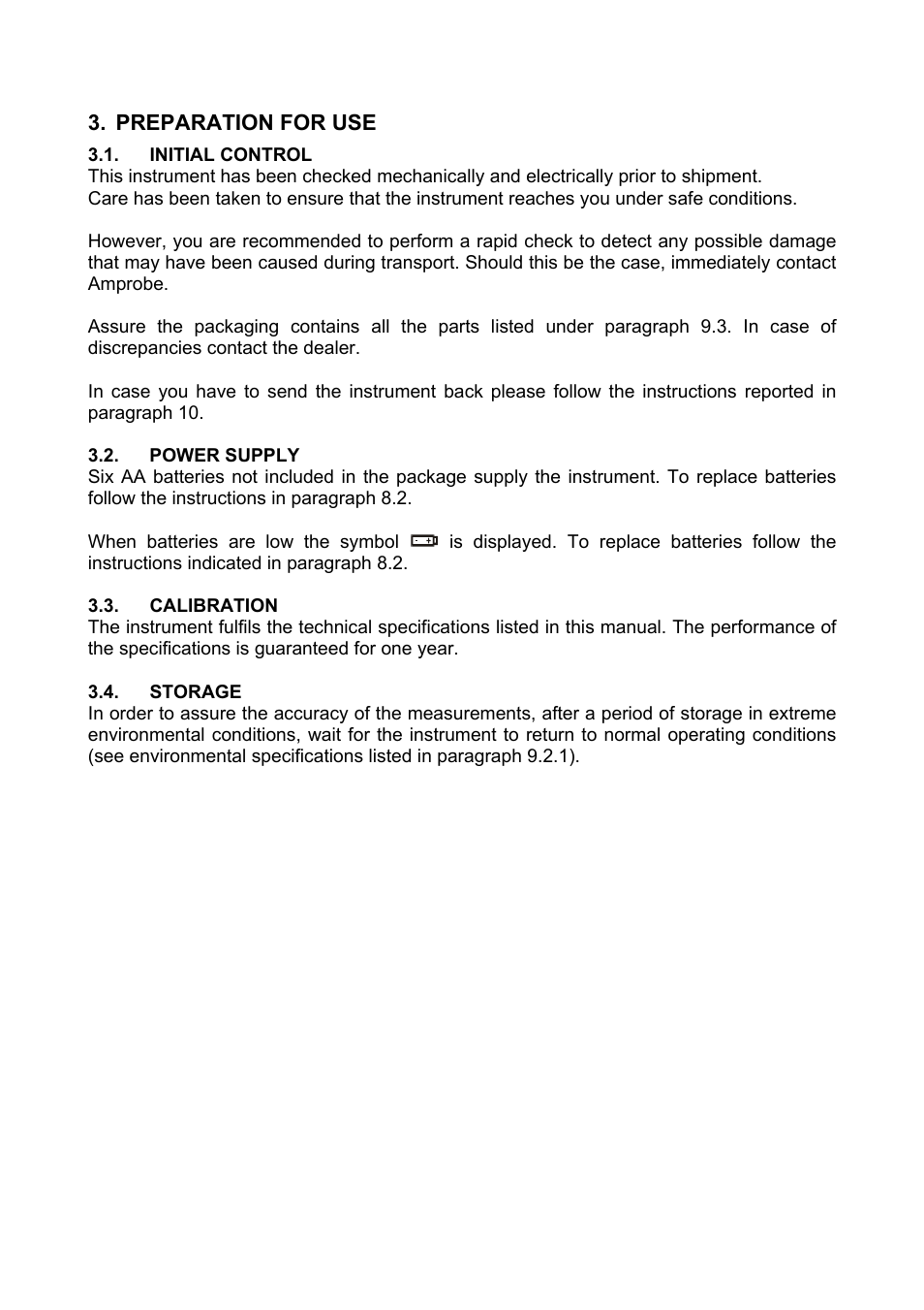 Preparation for use, Initial control, Power supply | Calibration, Storage | Amprobe Multitest-1000 Continuity-Tester User Manual | Page 9 / 122