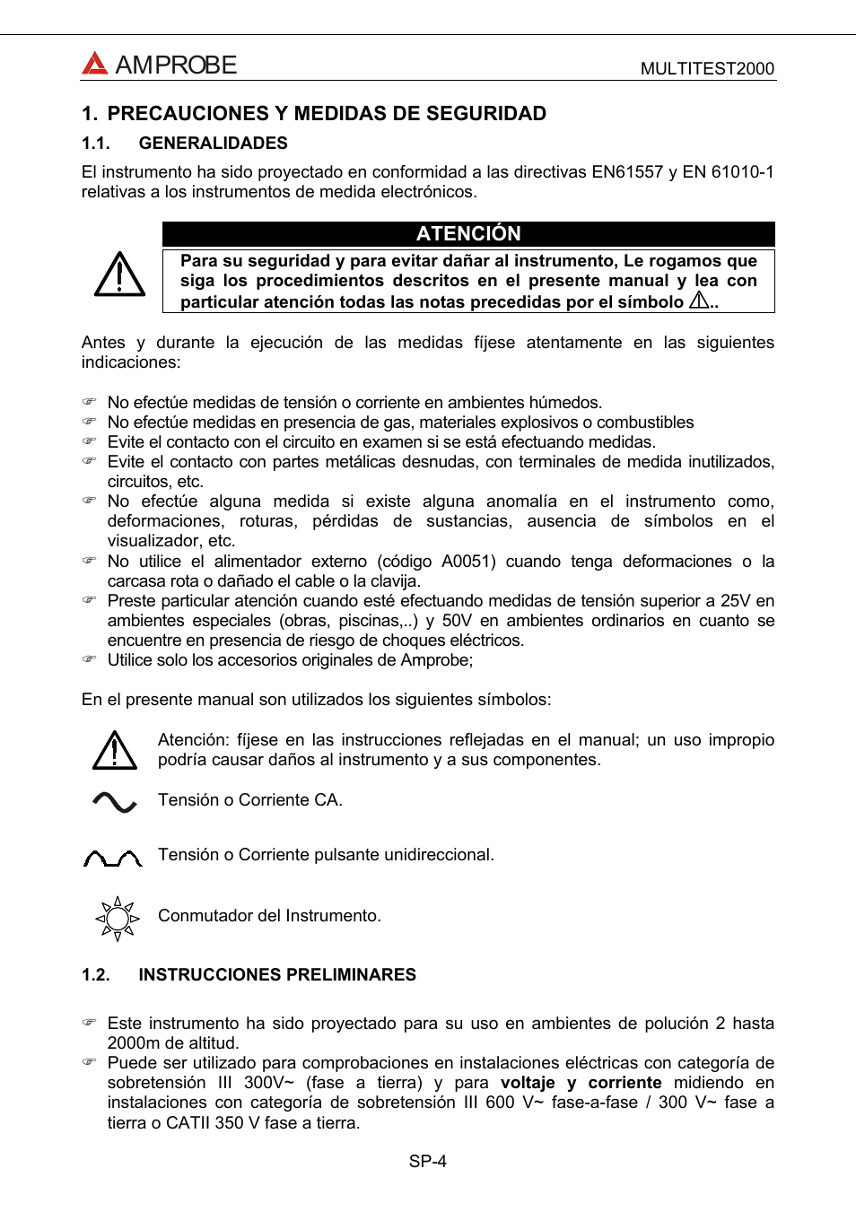 Precauciones y medidas de seguridad, Generalidades, Instrucciones preliminares | Amprobe | Amprobe Multitest-2000 Continuity-Tester User Manual | Page 184 / 279