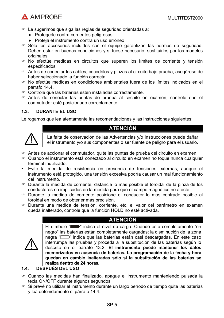 Durante el uso, Después del uso, Amprobe | Amprobe Multitest-2000 Continuity-Tester User Manual | Page 185 / 279