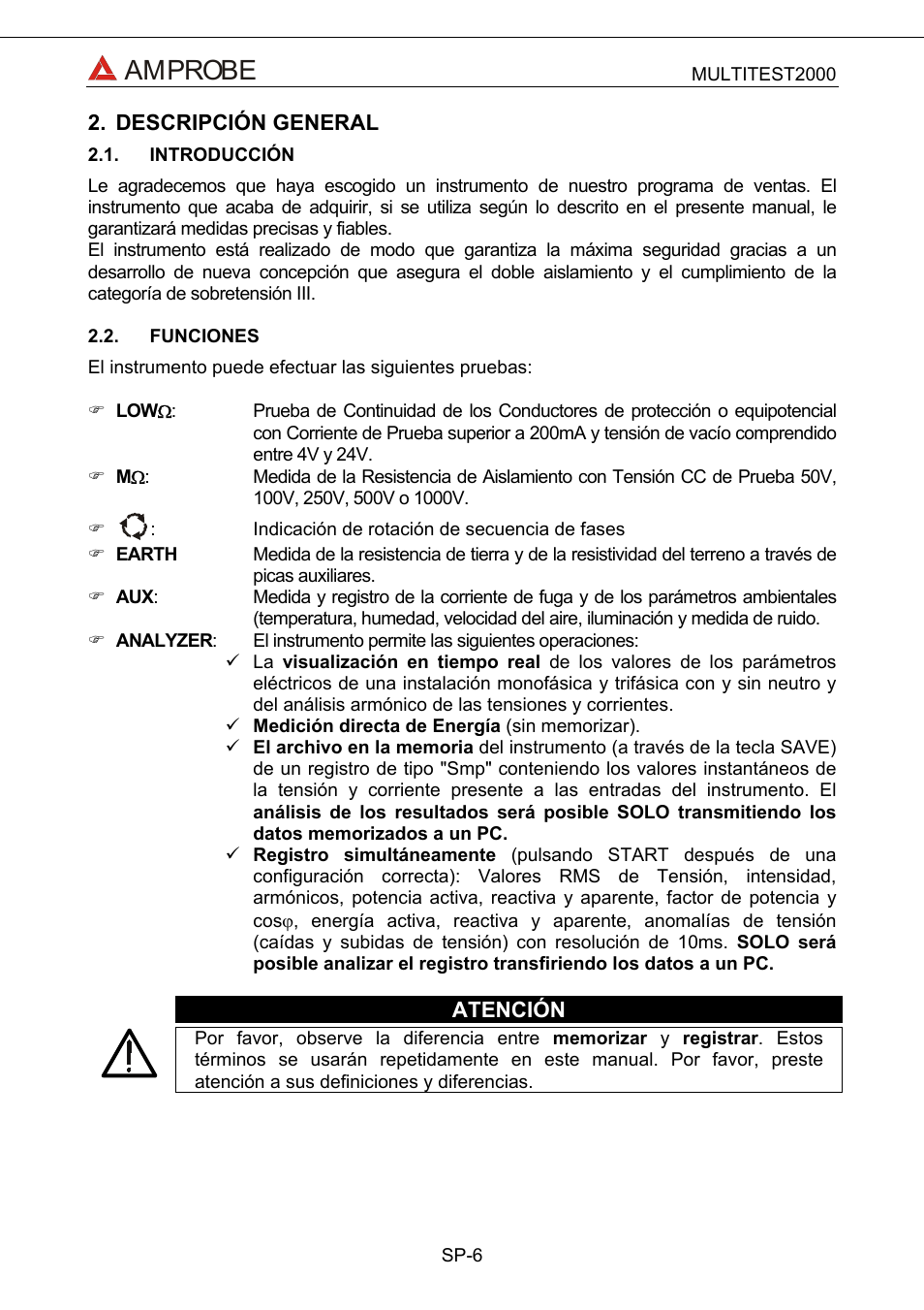 Descripción general, Introducción, Funciones | Amprobe | Amprobe Multitest-2000 Continuity-Tester User Manual | Page 186 / 279