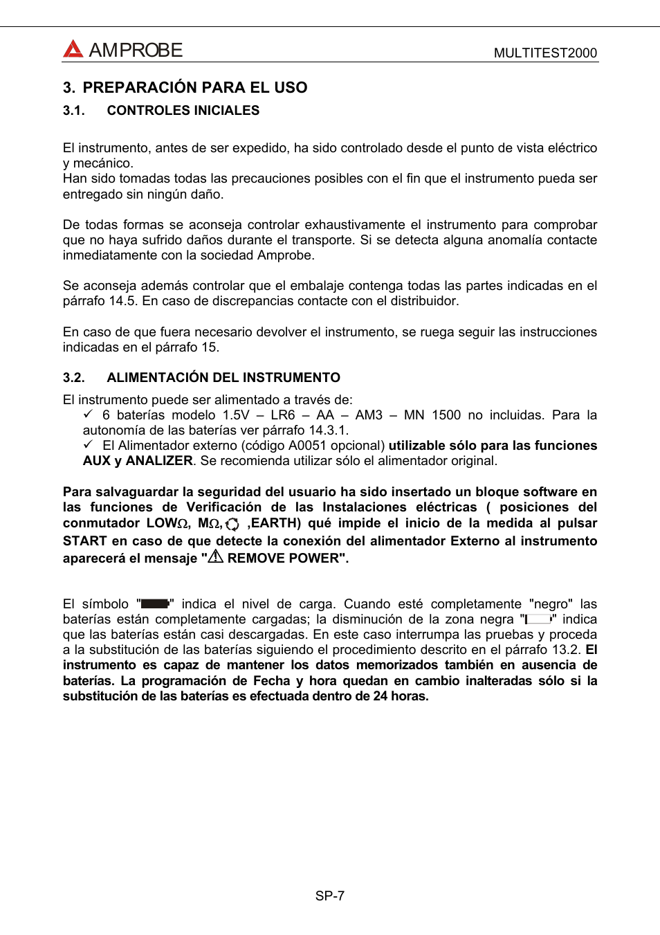 Preparación para el uso, Controles iniciales, Alimentación del instrumento | Amprobe | Amprobe Multitest-2000 Continuity-Tester User Manual | Page 187 / 279