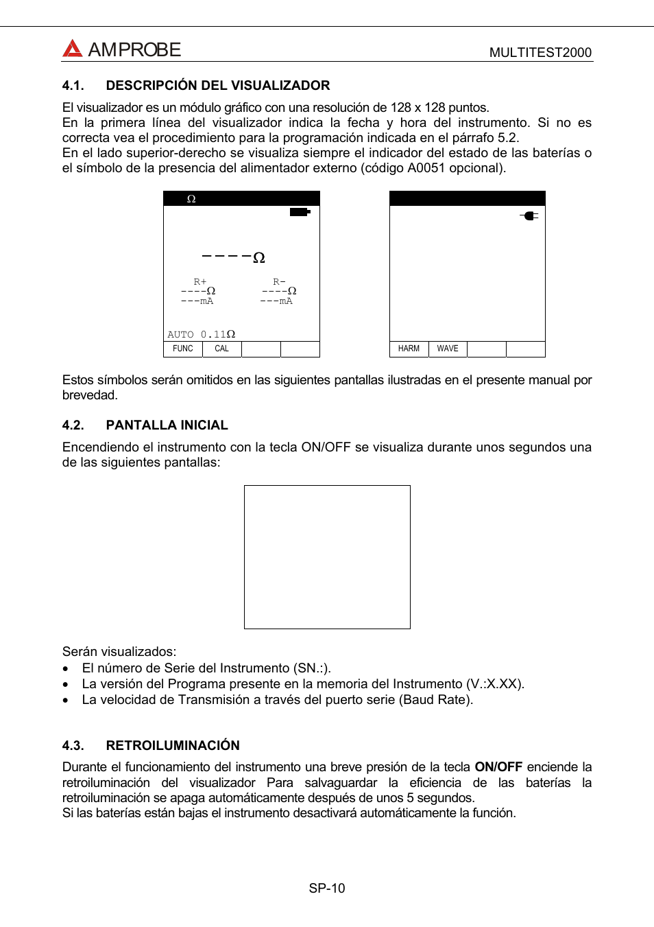 Descripción del visualizador, Pantalla inicial, Retroiluminación | Mt 2000 amprobe, Amprobe | Amprobe Multitest-2000 Continuity-Tester User Manual | Page 190 / 279