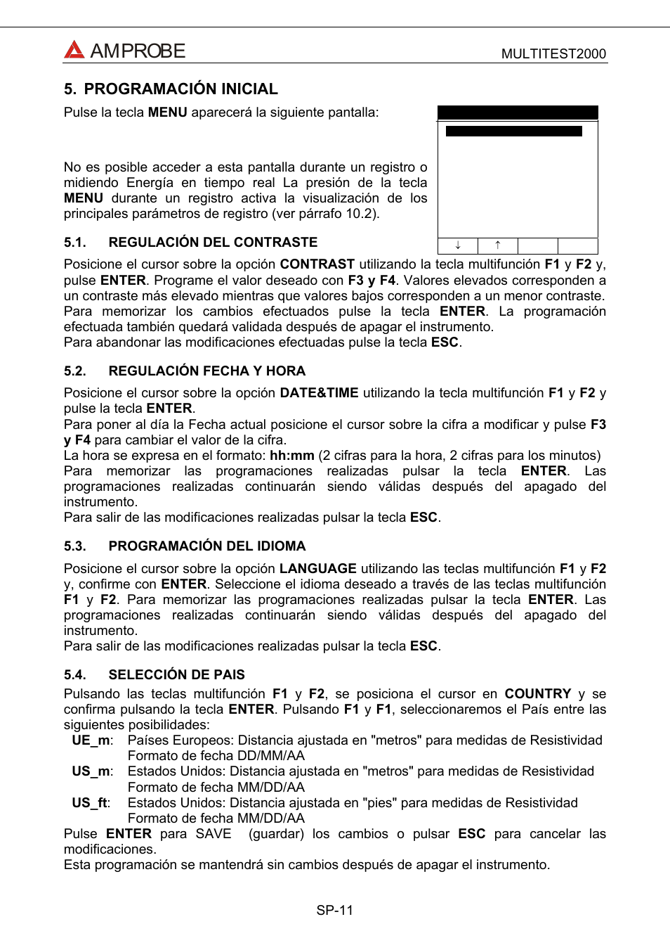 Programación inicial, Regulación del contraste, Regulación fecha y hora | Programación del idioma, Selección de pais, Amprobe | Amprobe Multitest-2000 Continuity-Tester User Manual | Page 191 / 279