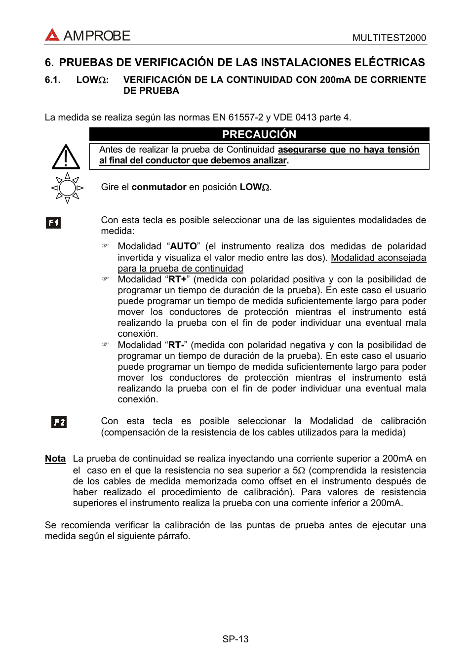 Pruebas de verificación de las instalaciones elé, Low\(:verificación de la continuidad con 200ma, Amprobe | Amprobe Multitest-2000 Continuity-Tester User Manual | Page 193 / 279