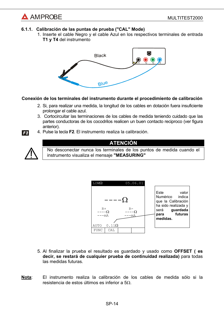Calibración de las puntas de prueba \("cal" mod, Amprobe, Atención | Amprobe Multitest-2000 Continuity-Tester User Manual | Page 194 / 279