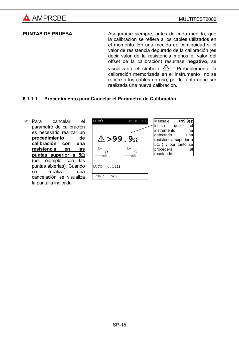 Procedimiento para cancelar el parámetro de cali, Amprobe | Amprobe Multitest-2000 Continuity-Tester User Manual | Page 195 / 279