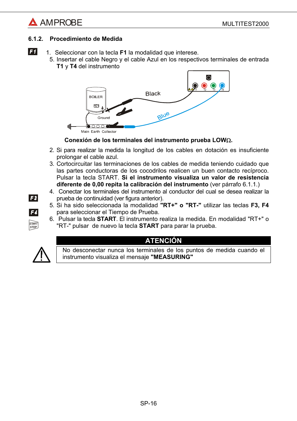 Procedimiento de medida, Amprobe, Atención | Amprobe Multitest-2000 Continuity-Tester User Manual | Page 196 / 279