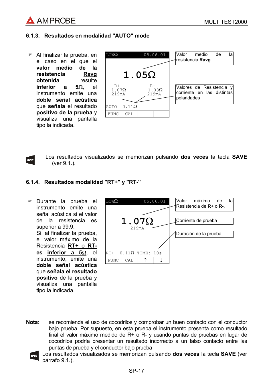 Resultados en modalidad "auto" mode, Resultados modalidad "rt+" y "rt, 05 ω | 07 ω, Amprobe | Amprobe Multitest-2000 Continuity-Tester User Manual | Page 197 / 279