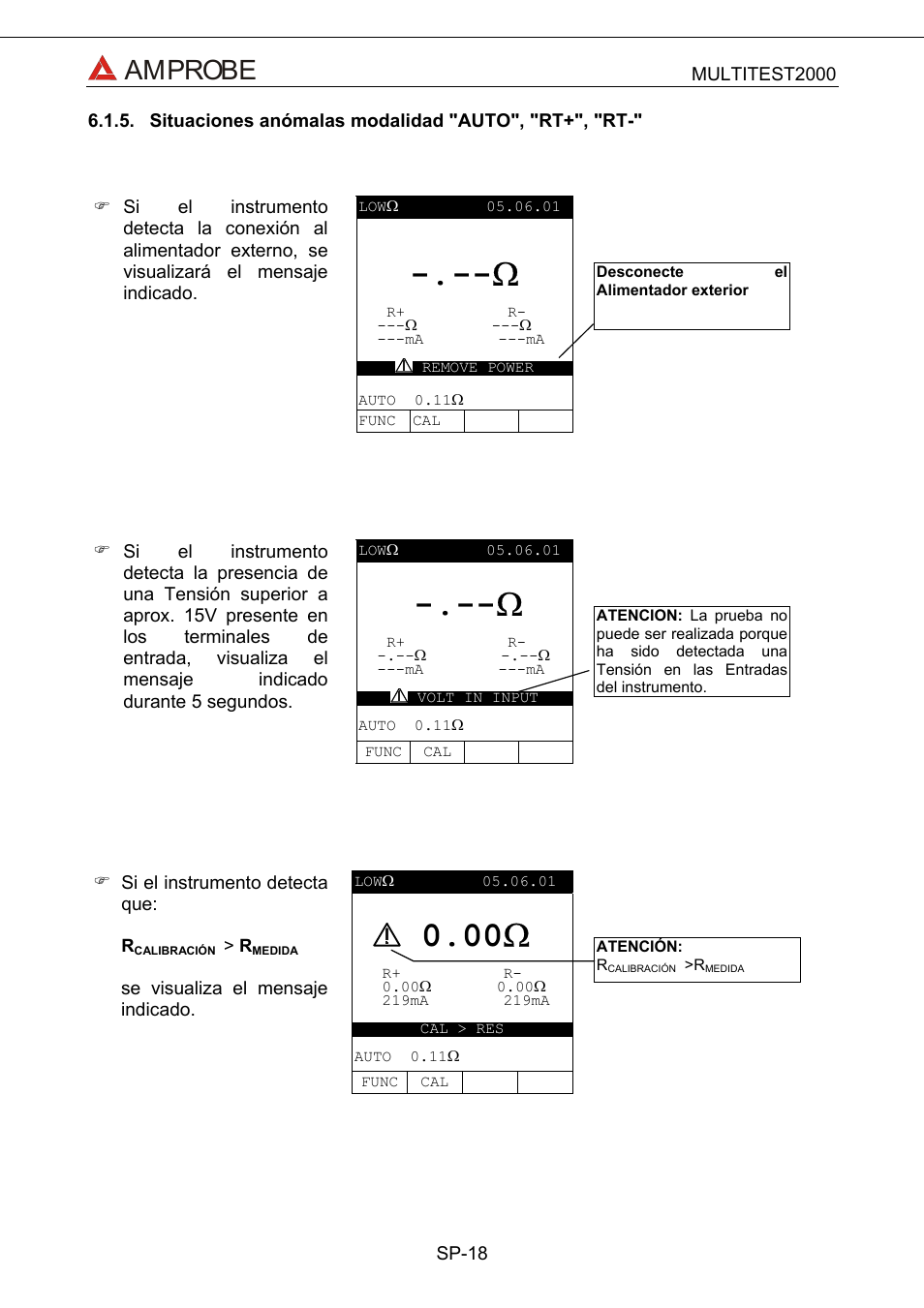 Situaciones anómalas modalidad "auto", "rt+", "r, 00 ω, Amprobe | Amprobe Multitest-2000 Continuity-Tester User Manual | Page 198 / 279