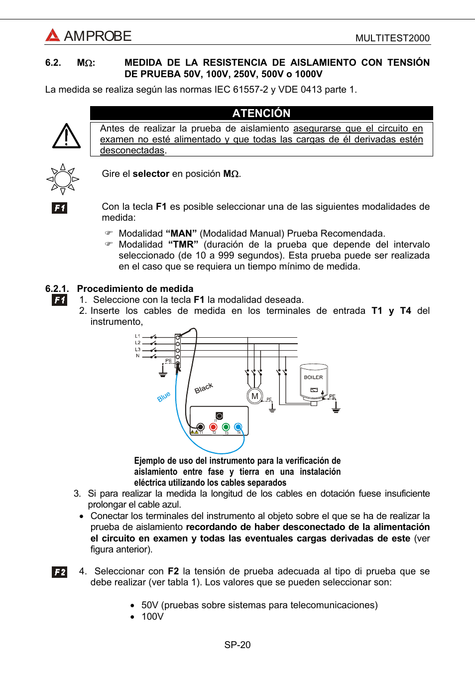 M\(:medida de la resistencia de aislamiento con, Procedimiento de medida, Amprobe | Atención | Amprobe Multitest-2000 Continuity-Tester User Manual | Page 200 / 279