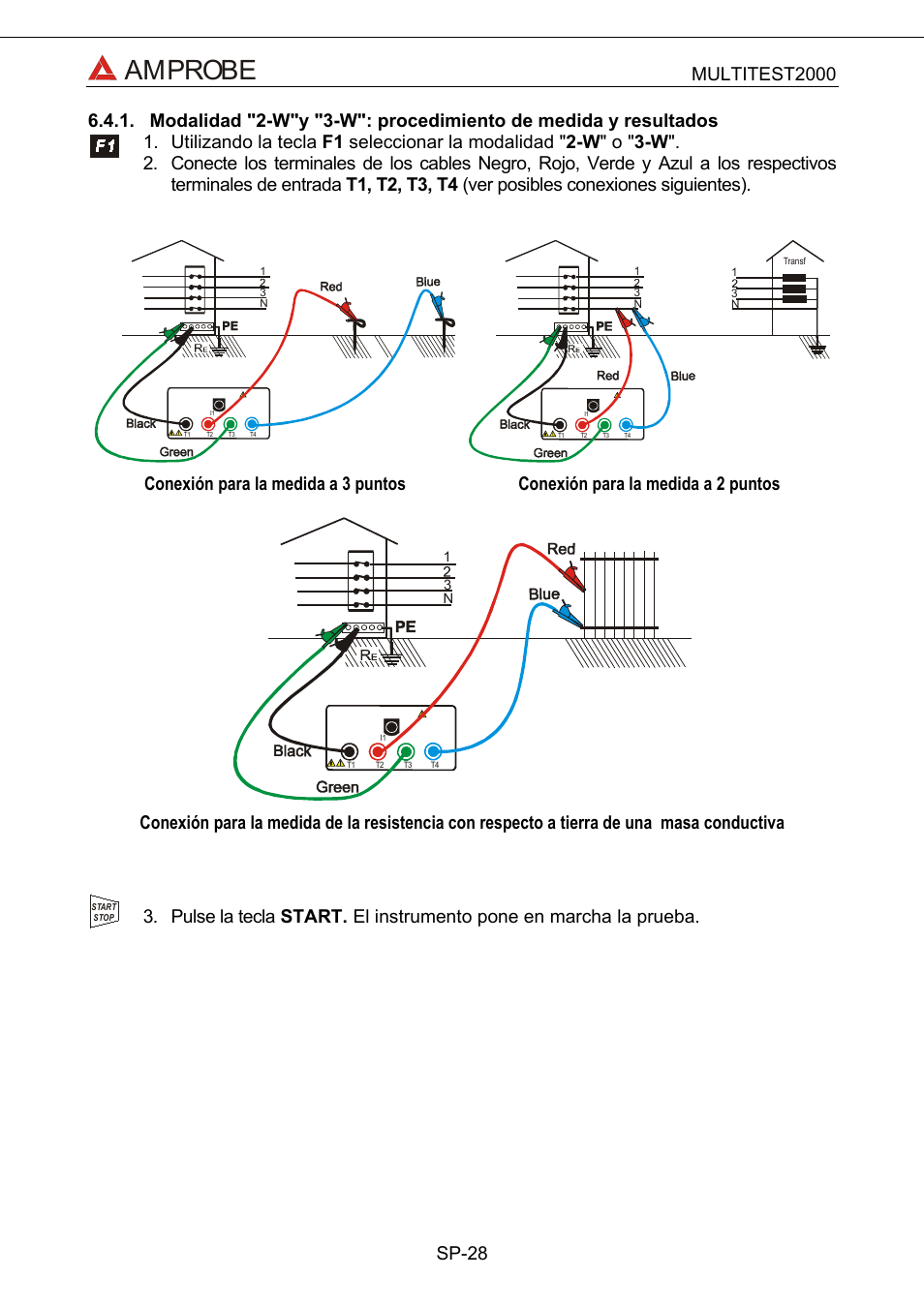 Amprobe, Conexión para la medida a 3 puntos, Conexión para la medida a 2 puntos | Amprobe Multitest-2000 Continuity-Tester User Manual | Page 208 / 279