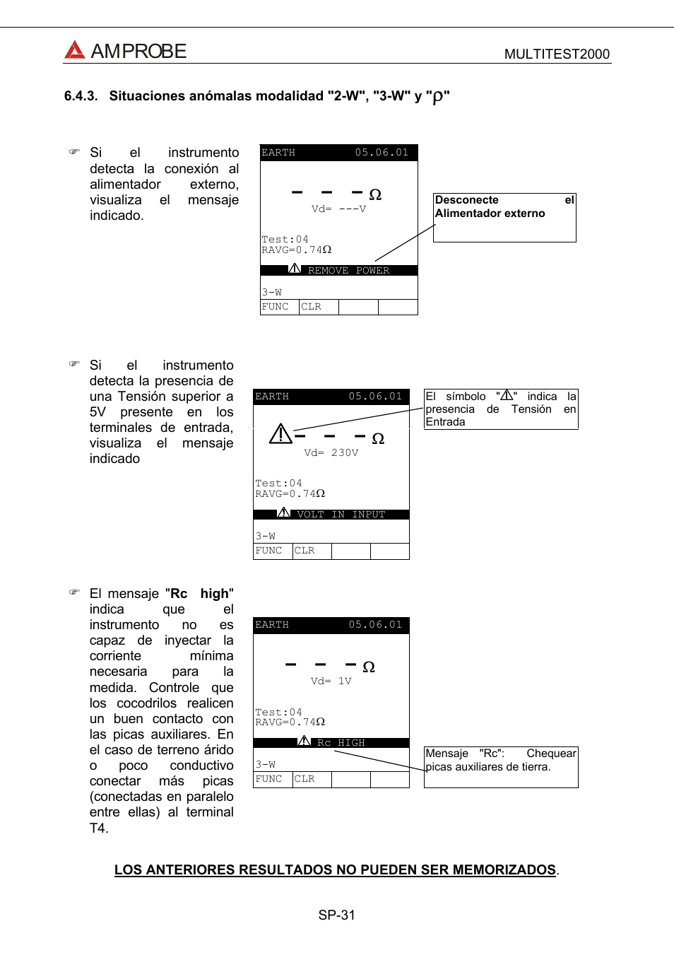 Situaciones anómalas modalidad "2-w", "3-w" y, Amprobe | Amprobe Multitest-2000 Continuity-Tester User Manual | Page 211 / 279