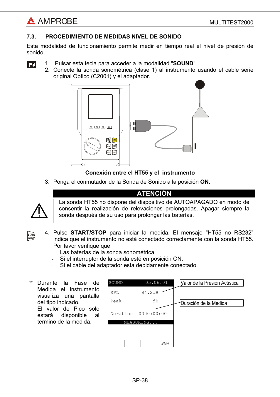 Procedimiento de medidas nivel de sonido, Amprobe, Atención | Valor de la presión acústica duración de la medida | Amprobe Multitest-2000 Continuity-Tester User Manual | Page 218 / 279