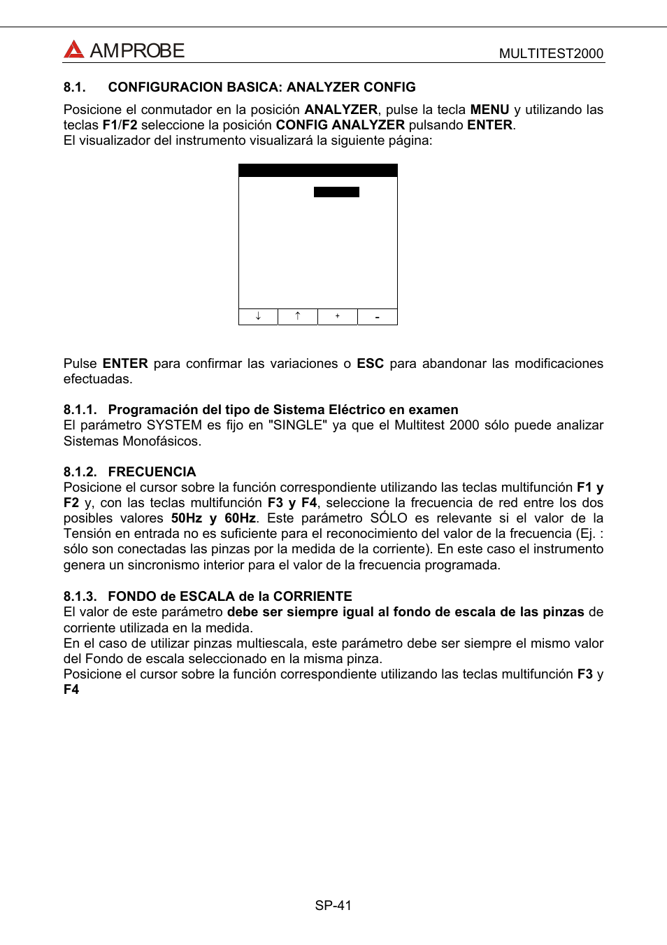 Configuracion basica: analyzer config, Programación del tipo de sistema eléctrico en ex, Frecuencia | Fondo de escala de la corriente, Amprobe | Amprobe Multitest-2000 Continuity-Tester User Manual | Page 221 / 279