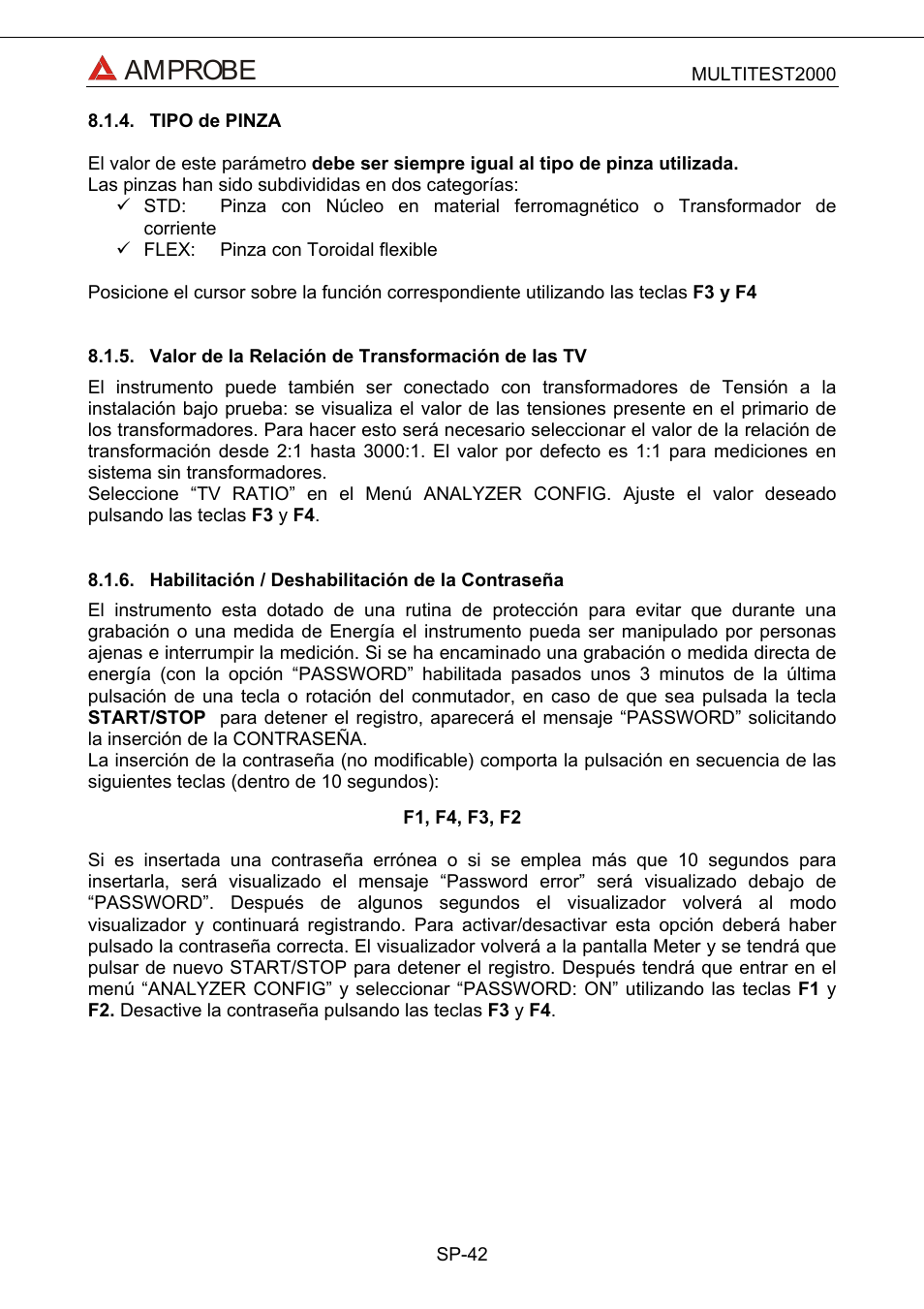 Tipo de pinza, Valor de la relación de transformación de las tv, Habilitación / deshabilitación de la contraseña | Amprobe | Amprobe Multitest-2000 Continuity-Tester User Manual | Page 222 / 279