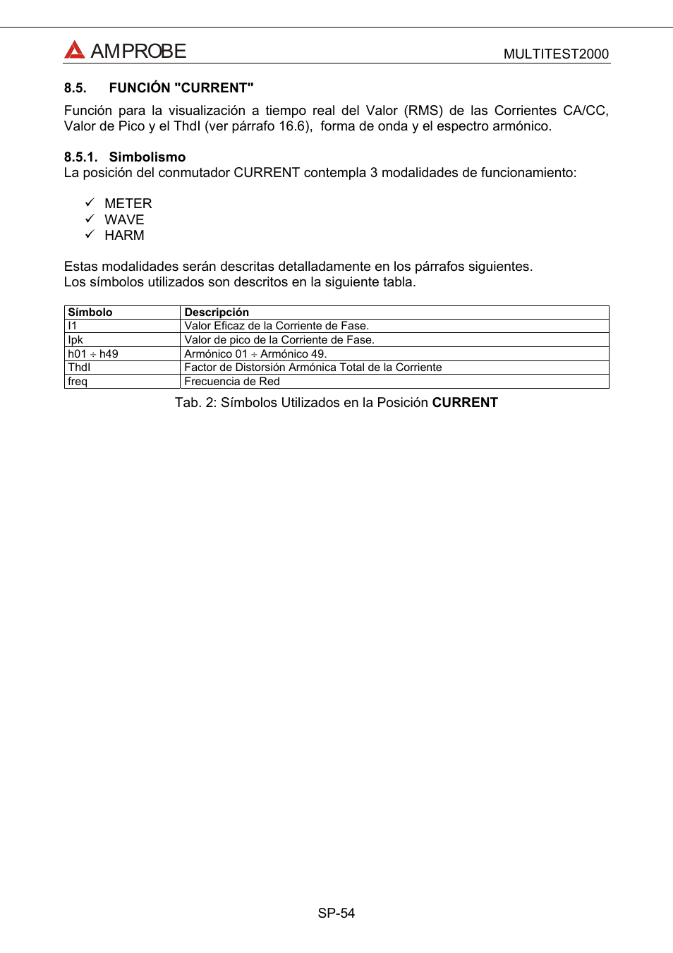 Función "current, Simbolismo, Amprobe | Amprobe Multitest-2000 Continuity-Tester User Manual | Page 234 / 279