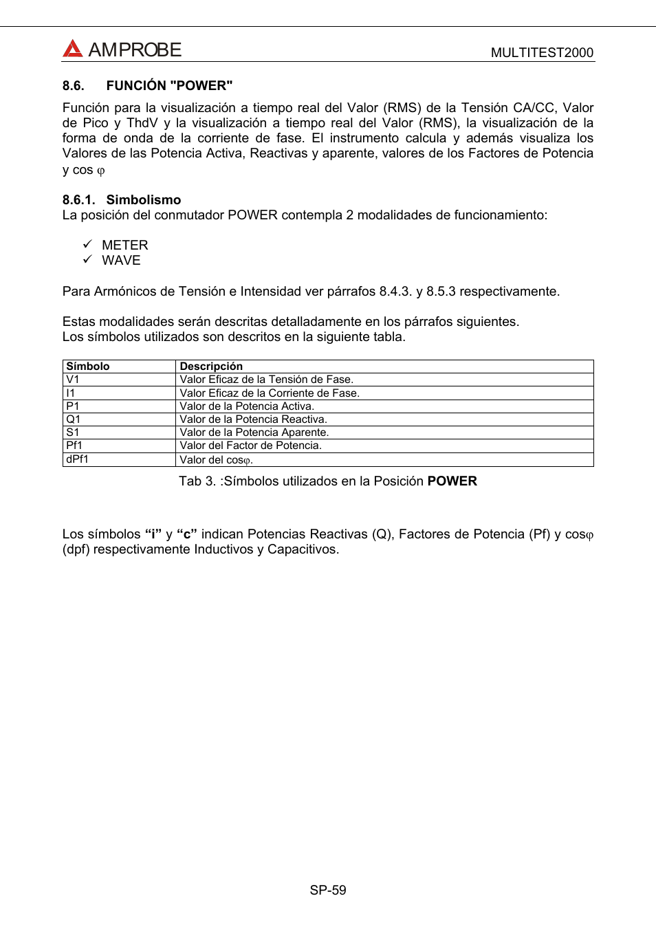 Función "power, Simbolismo, Amprobe | Amprobe Multitest-2000 Continuity-Tester User Manual | Page 239 / 279