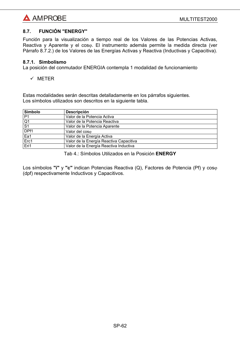 Función "energy, Simbolismo, Amprobe | Amprobe Multitest-2000 Continuity-Tester User Manual | Page 242 / 279