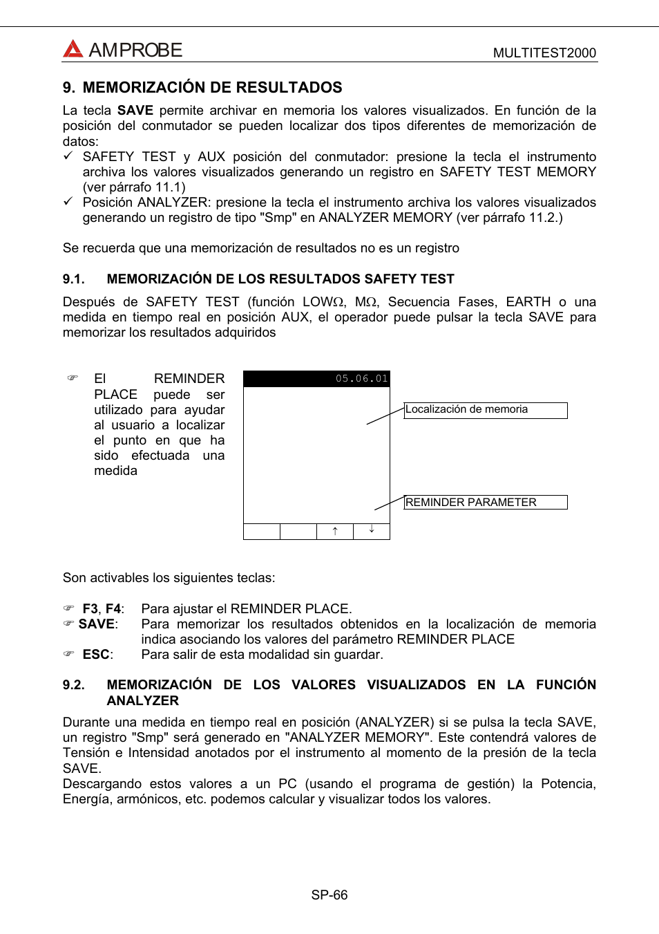 Memorización de resultados, Memorización de los resultados safety test, Memorización de los valores visualizados en la f | Amprobe | Amprobe Multitest-2000 Continuity-Tester User Manual | Page 246 / 279