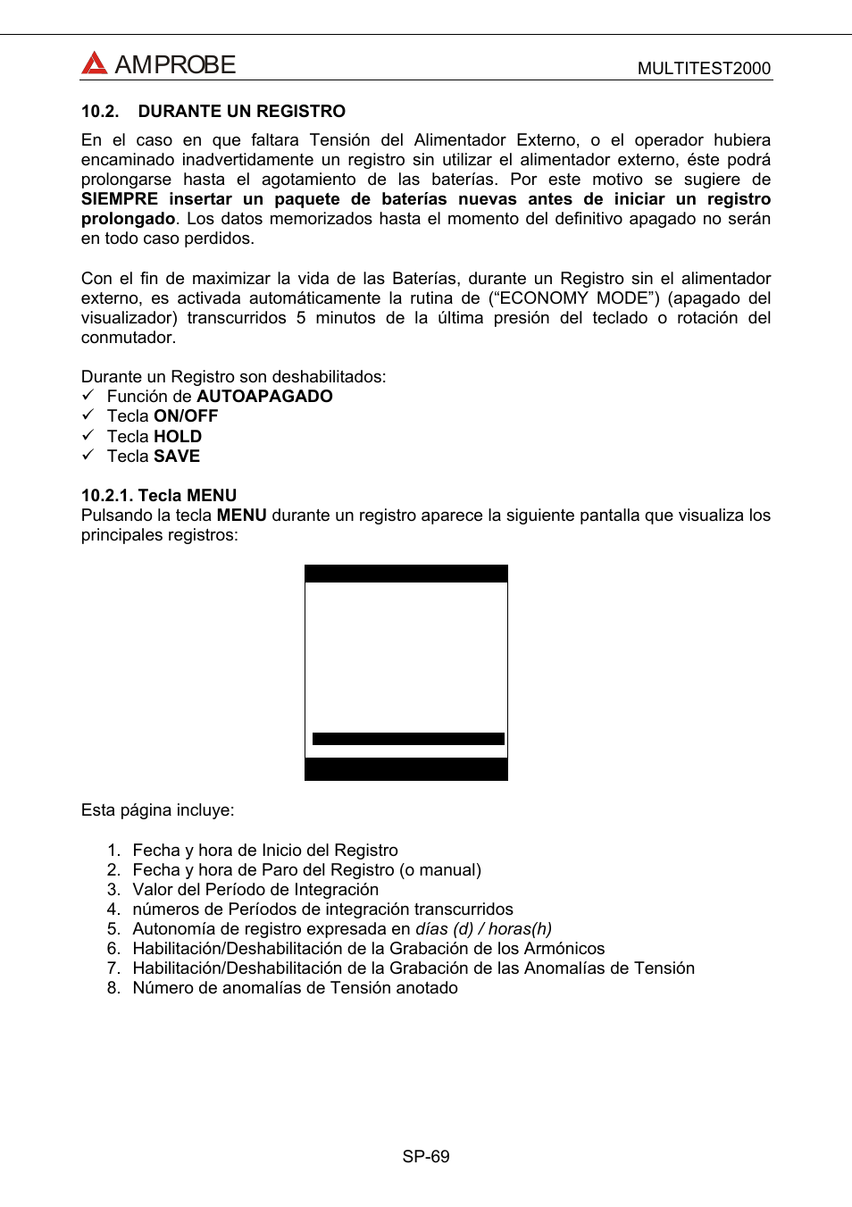 Durante un registro, Tecla menu, Amprobe | Amprobe Multitest-2000 Continuity-Tester User Manual | Page 249 / 279