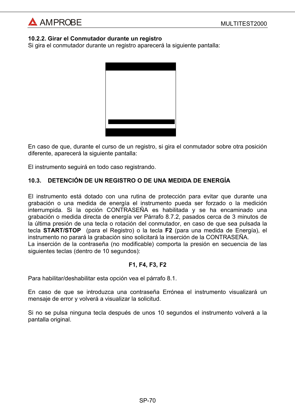 Girar el conmutador durante un registro, Detención de un registro o de una medida de ener, F1, f4, f3, f2 | Amprobe | Amprobe Multitest-2000 Continuity-Tester User Manual | Page 250 / 279