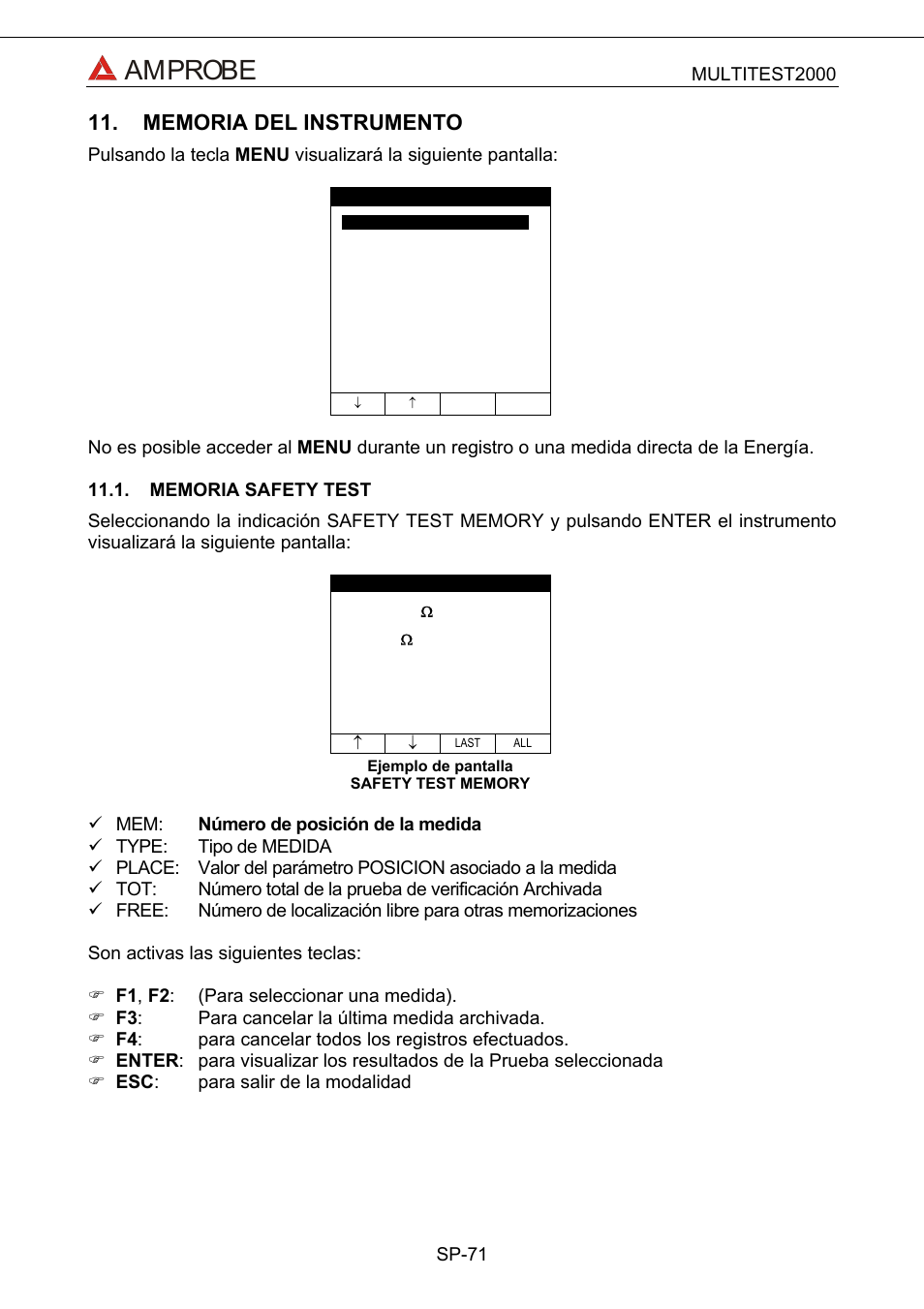 Memoria del instrumento, Memoria safety test, Amprobe | Amprobe Multitest-2000 Continuity-Tester User Manual | Page 251 / 279