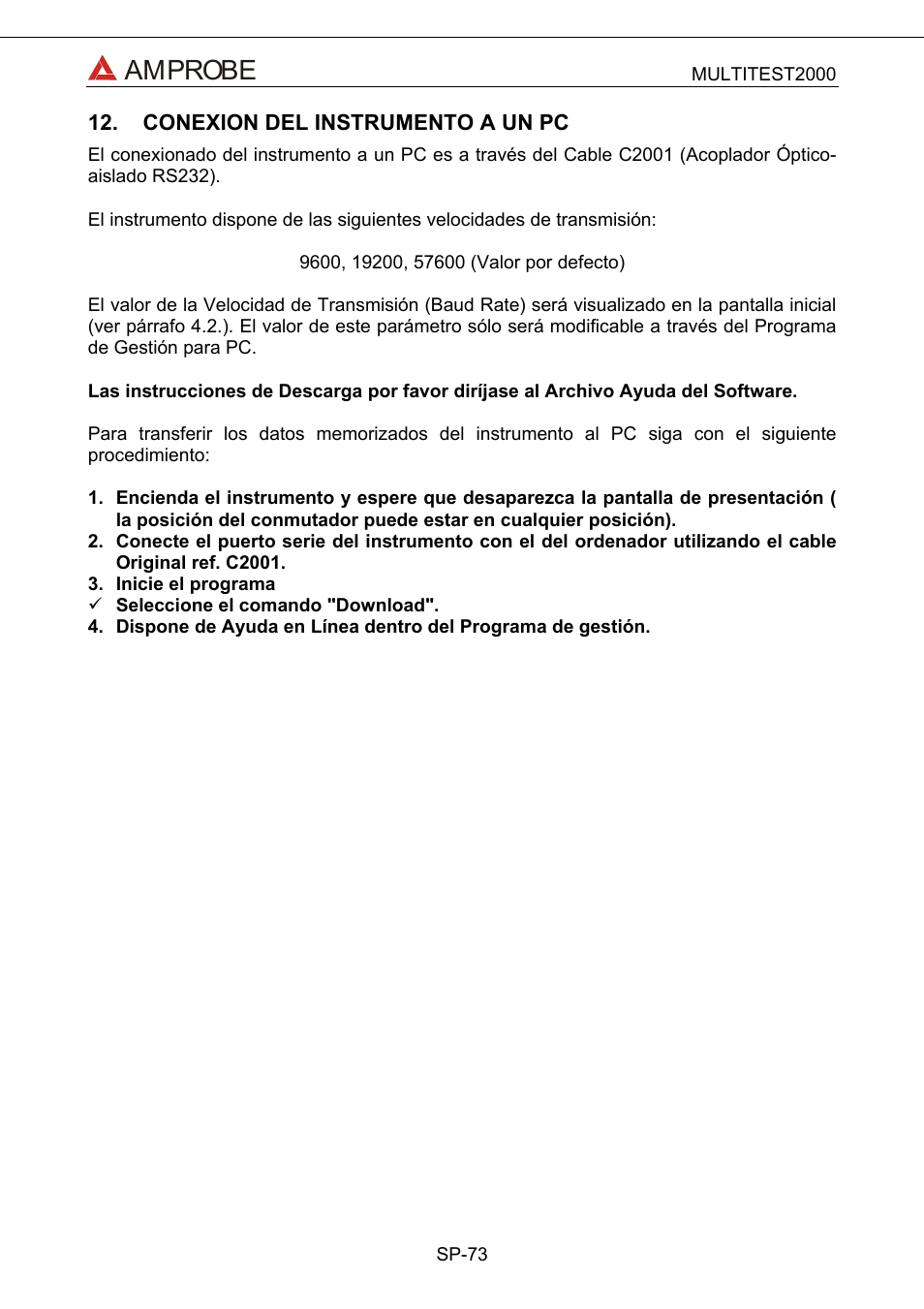 Conexion del instrumento a un pc, Amprobe | Amprobe Multitest-2000 Continuity-Tester User Manual | Page 253 / 279