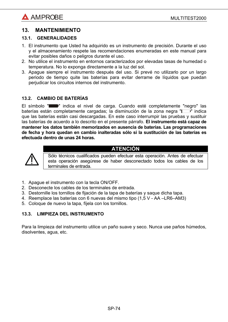 Mantenimiento, Generalidades, Cambio de baterías | Limpieza del instrumento, Amprobe | Amprobe Multitest-2000 Continuity-Tester User Manual | Page 254 / 279