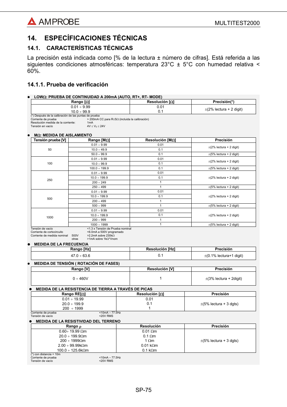 Específicaciones técnicas, Características técnicas, Prueba de verificación | Amprobe | Amprobe Multitest-2000 Continuity-Tester User Manual | Page 255 / 279