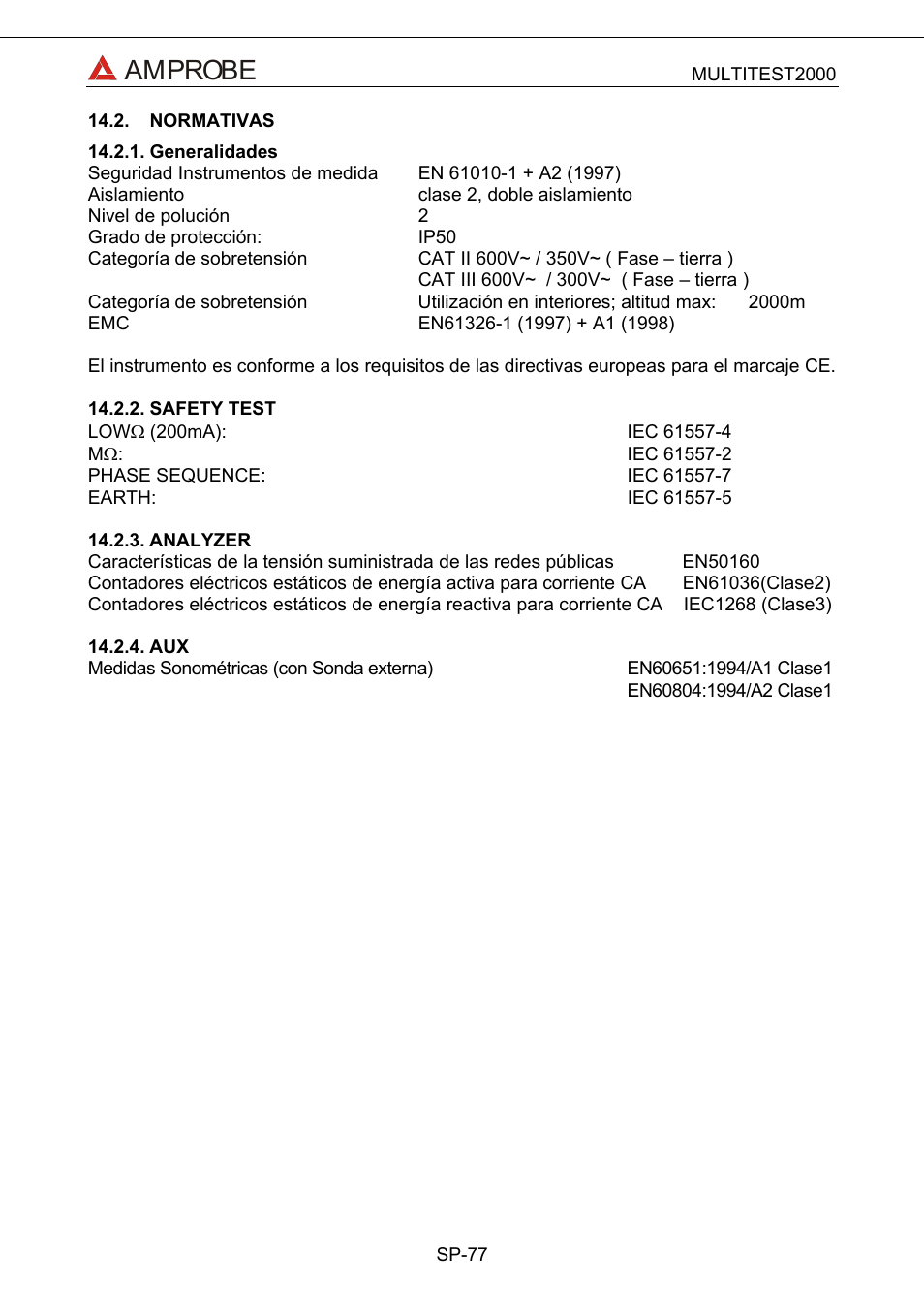 Normativas, Generalidades, Safety test | Analyzer, Amprobe | Amprobe Multitest-2000 Continuity-Tester User Manual | Page 257 / 279