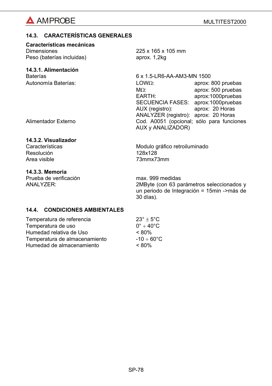 Características generales, Alimentación, Visualizador | Memoria, Condiciones ambientales, Amprobe | Amprobe Multitest-2000 Continuity-Tester User Manual | Page 258 / 279