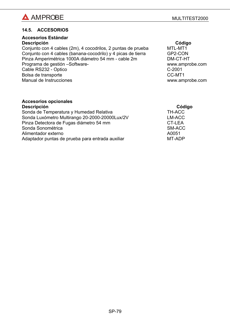 Accesorios, Amprobe | Amprobe Multitest-2000 Continuity-Tester User Manual | Page 259 / 279