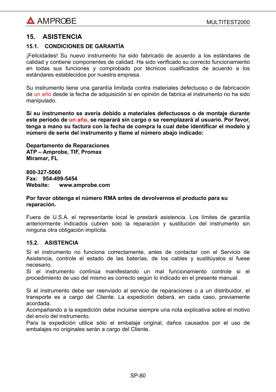 Asistencia, Condiciones de garantía, Phone:954-499-5400 | Amprobe | Amprobe Multitest-2000 Continuity-Tester User Manual | Page 260 / 279