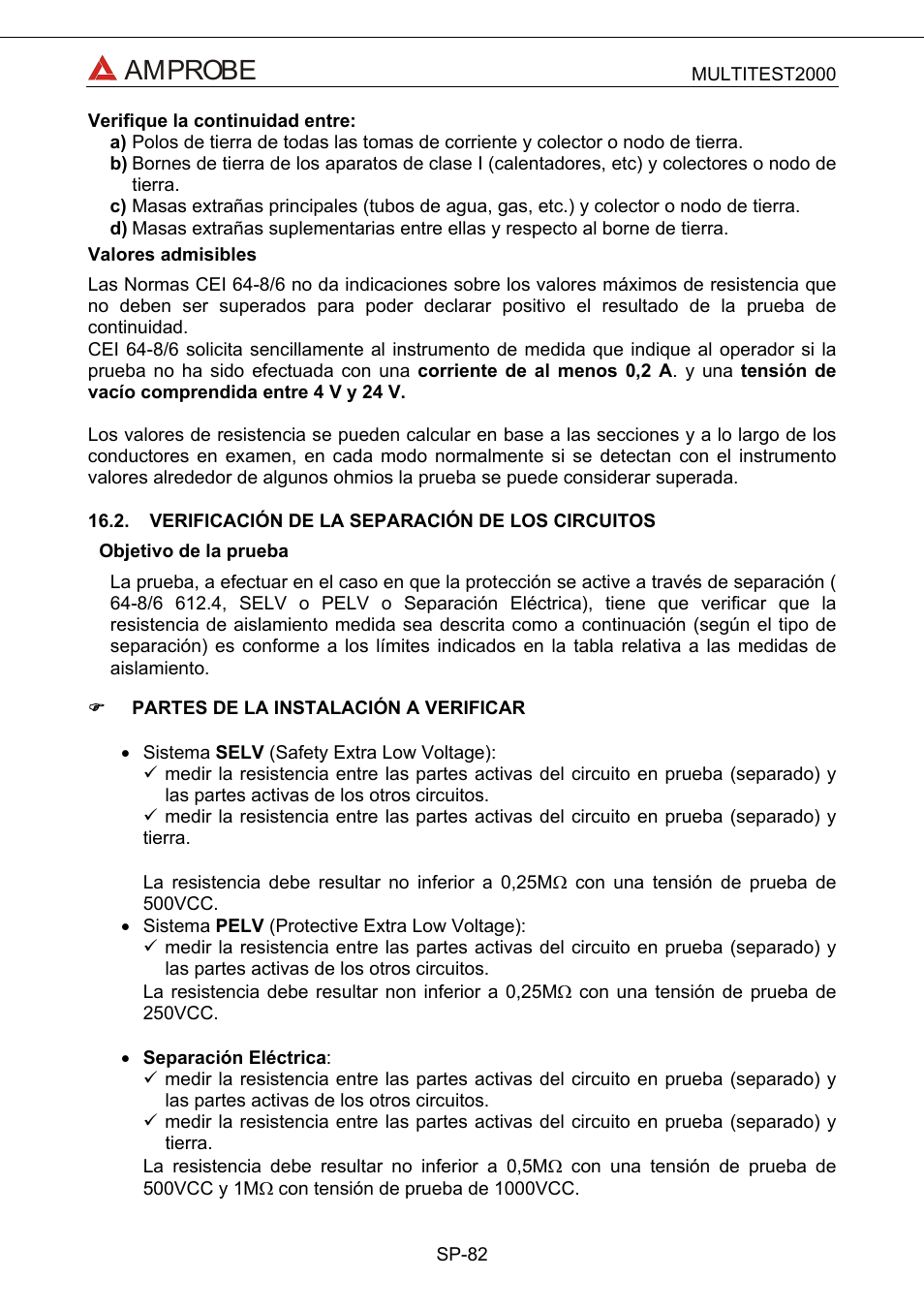 Verificación de la separación de los circuitos, Amprobe | Amprobe Multitest-2000 Continuity-Tester User Manual | Page 262 / 279