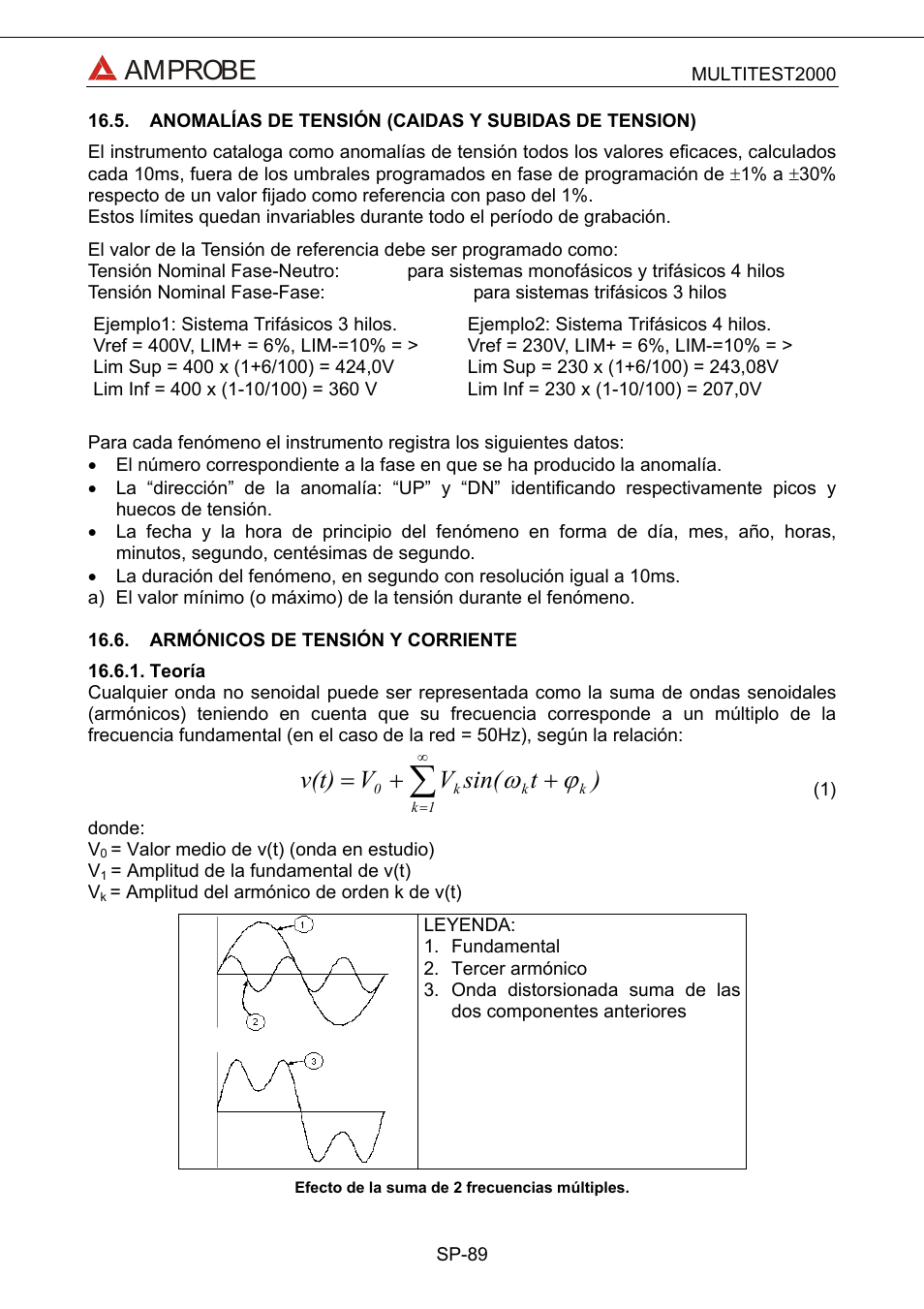 Anomalías de tensión \(caidas y subidas de ten, Armónicos de tensión y corriente, Teoría | Amprobe, T sin( v v v(t) | Amprobe Multitest-2000 Continuity-Tester User Manual | Page 269 / 279