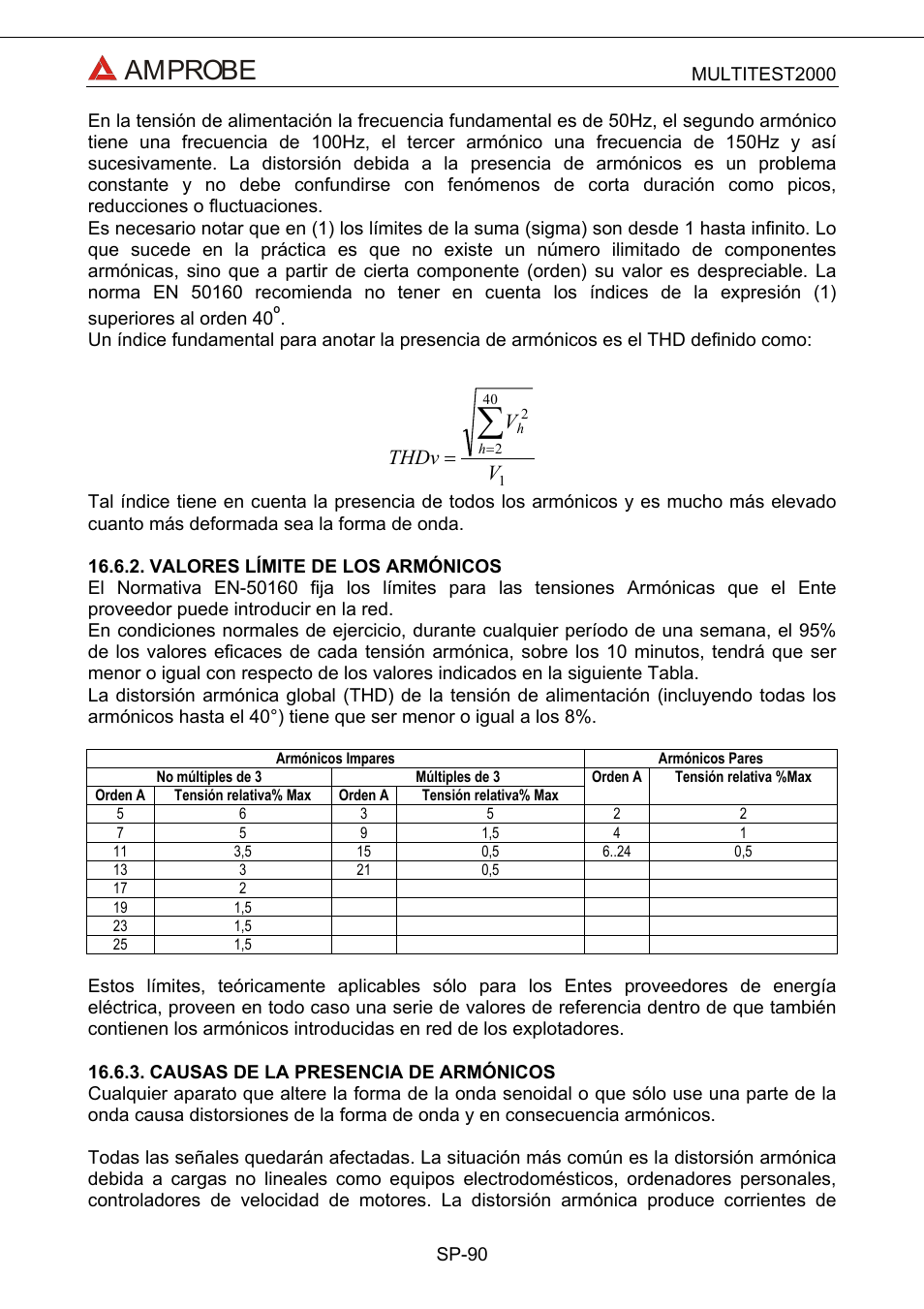 Valores límite de los armónicos, Orden a, Causas de la presencia de armónicos | Amprobe, Vthdv | Amprobe Multitest-2000 Continuity-Tester User Manual | Page 270 / 279