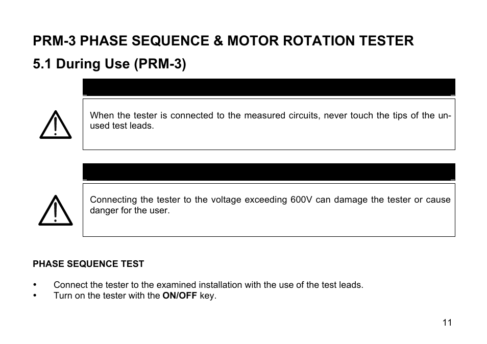 Warning | Amprobe PRM-2 Phase-Sequence User Manual | Page 11 / 16
